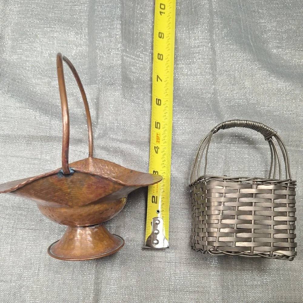 2 Mini Vintage Hammered Copper Basket & Metal Weave Handles Metalware Decor MCM
